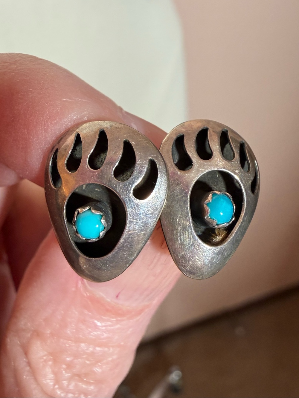 Navajo Native American Sterling silver Bear Claw Turquoise stone Post earrings